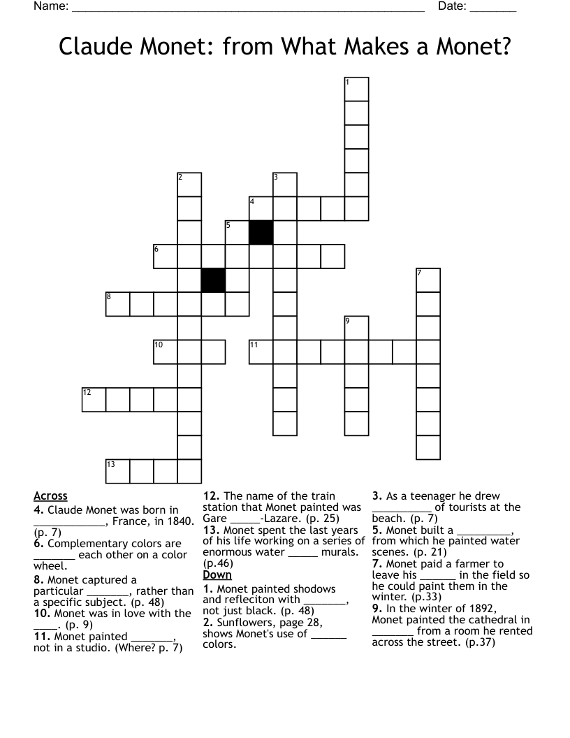 Claude Monet: from What Makes a Monet? Crossword