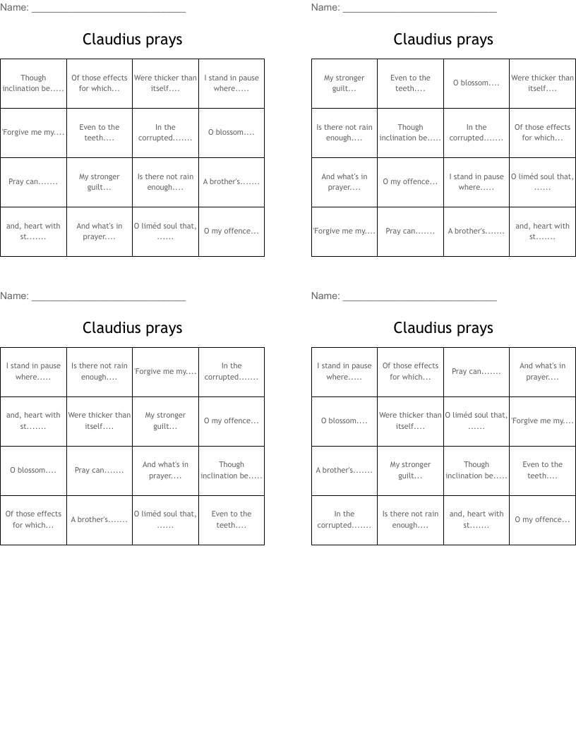 Claudius prays Bingo Cards