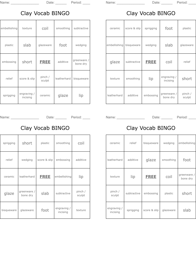 Clay Vocab BINGO