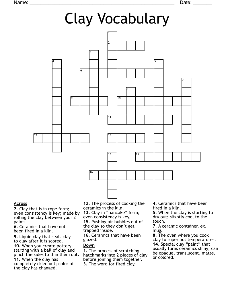 Clay Vocabulary Crossword