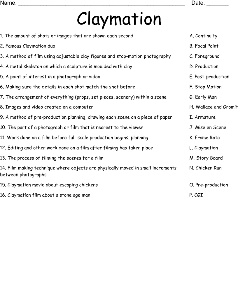 Claymation Worksheet