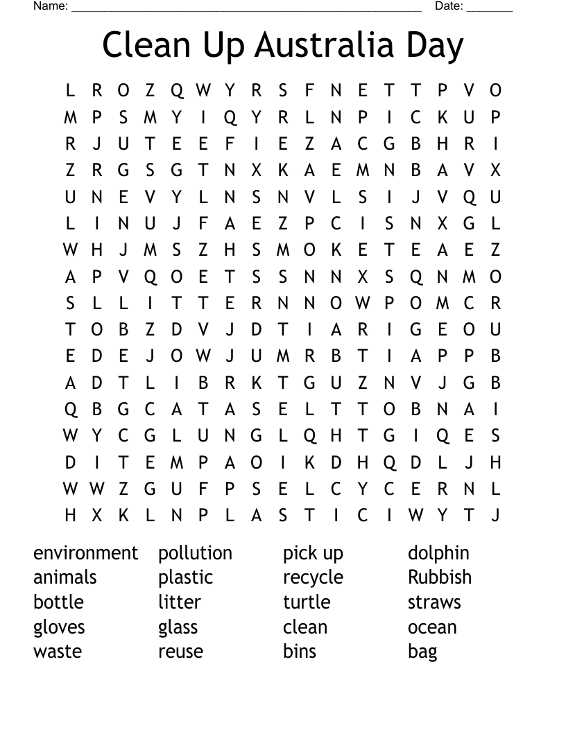 Clean Up Australia Day Word Search