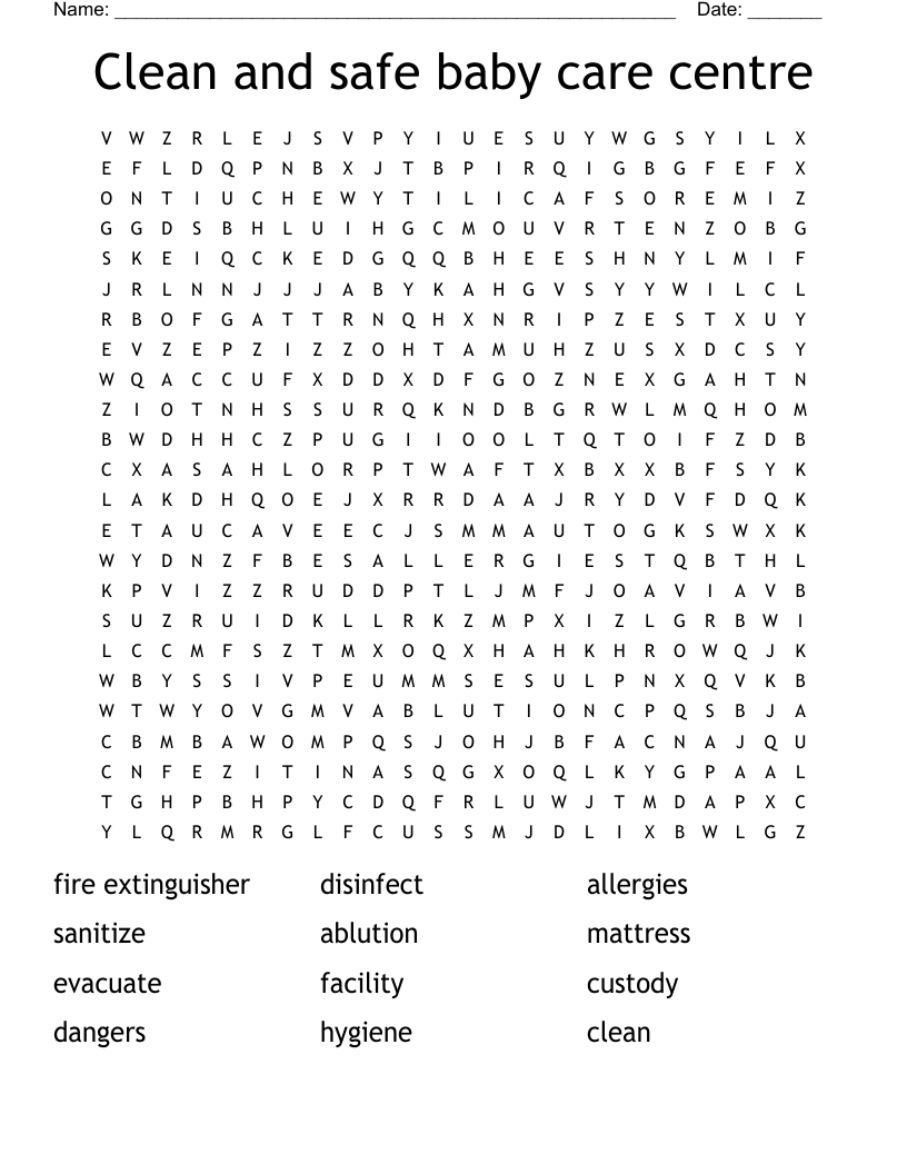 Clean and safe baby care centre Word Search