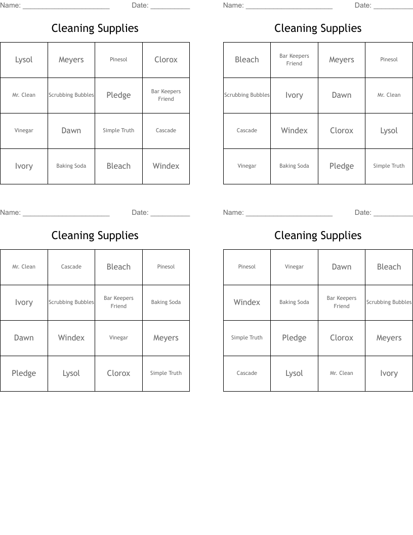 Cleaning Supplies Bingo Cards