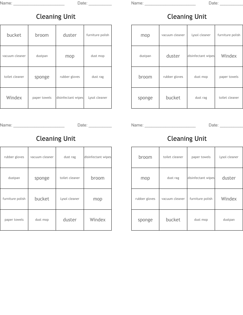 Cleaning Unit Bingo Cards