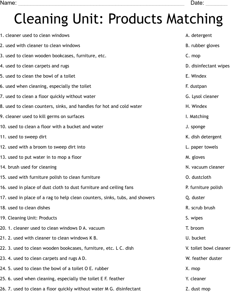 Cleaning Unit:  Products Matching Worksheet