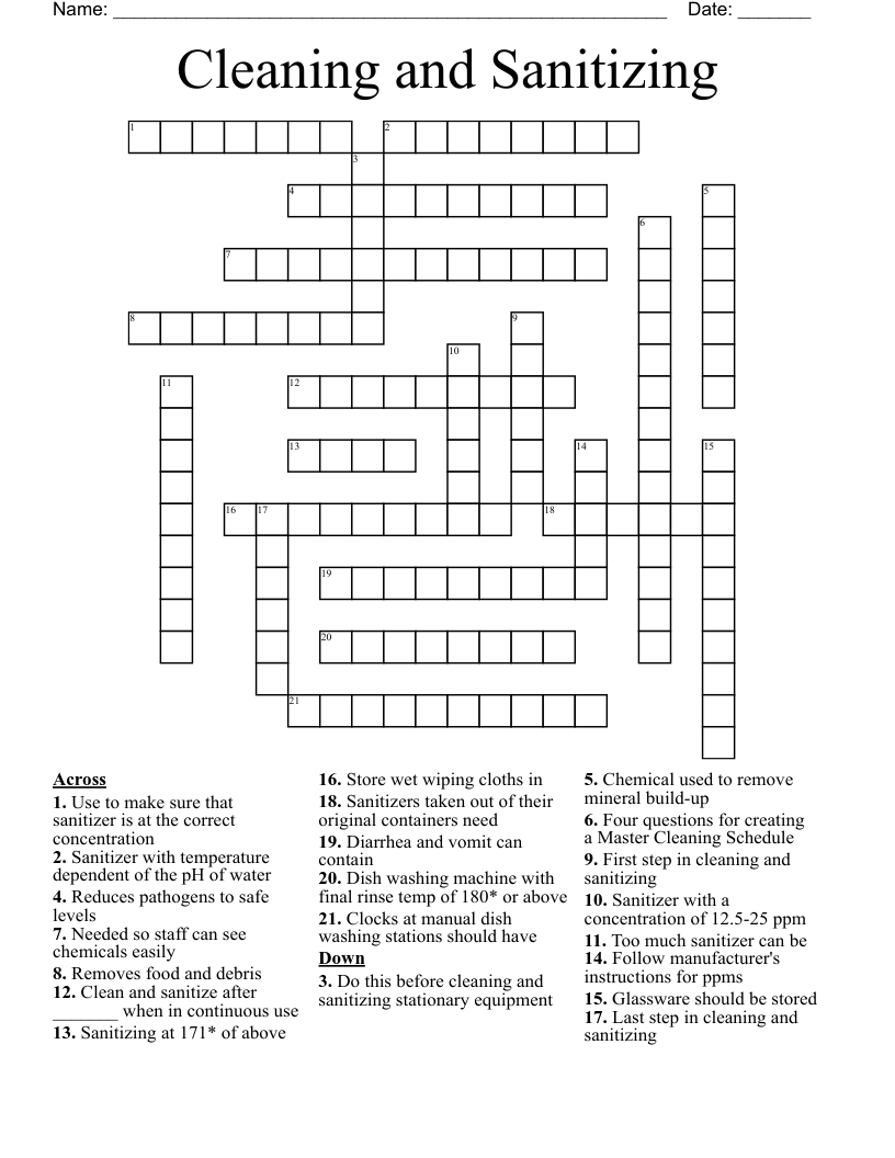 Cleaning and Sanitizing Crossword