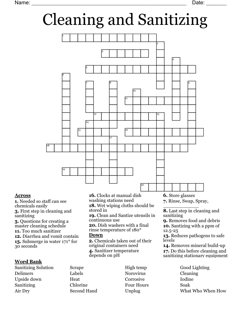 Cleaning and Sanitizing Crossword