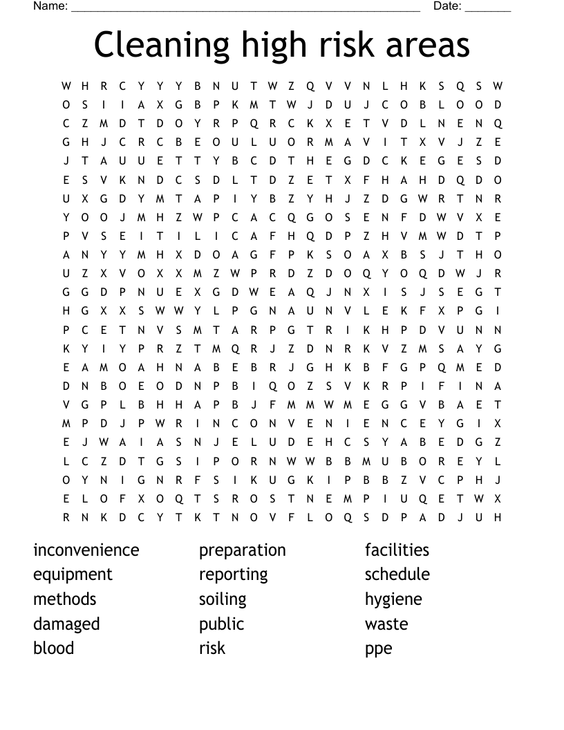 Cleaning high risk areas Word Search