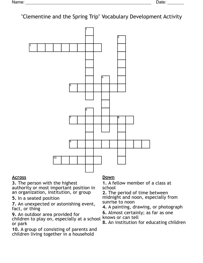 "Clementine and the Spring Trip" Vocabulary Development Activity Crossword