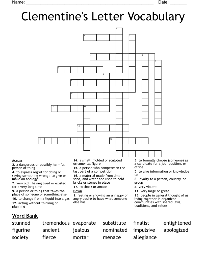 Clementine's Letter Vocabulary Crossword