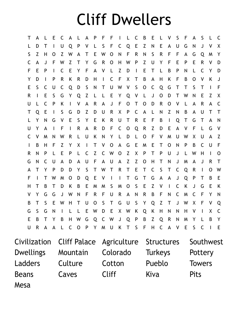 Cliff Dwellers Word Search