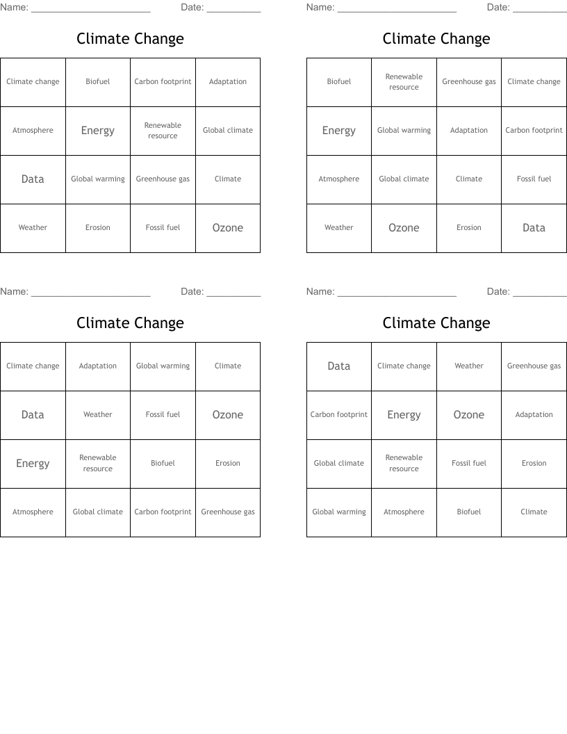Climate Change Bingo Cards