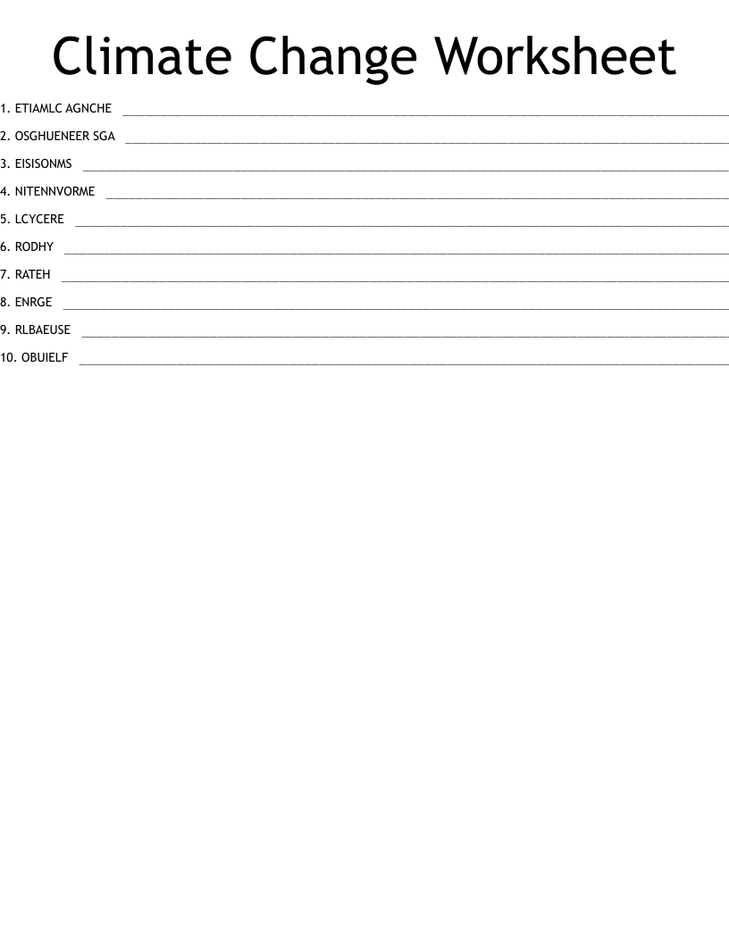 Climate Change Worksheet Word Scramble