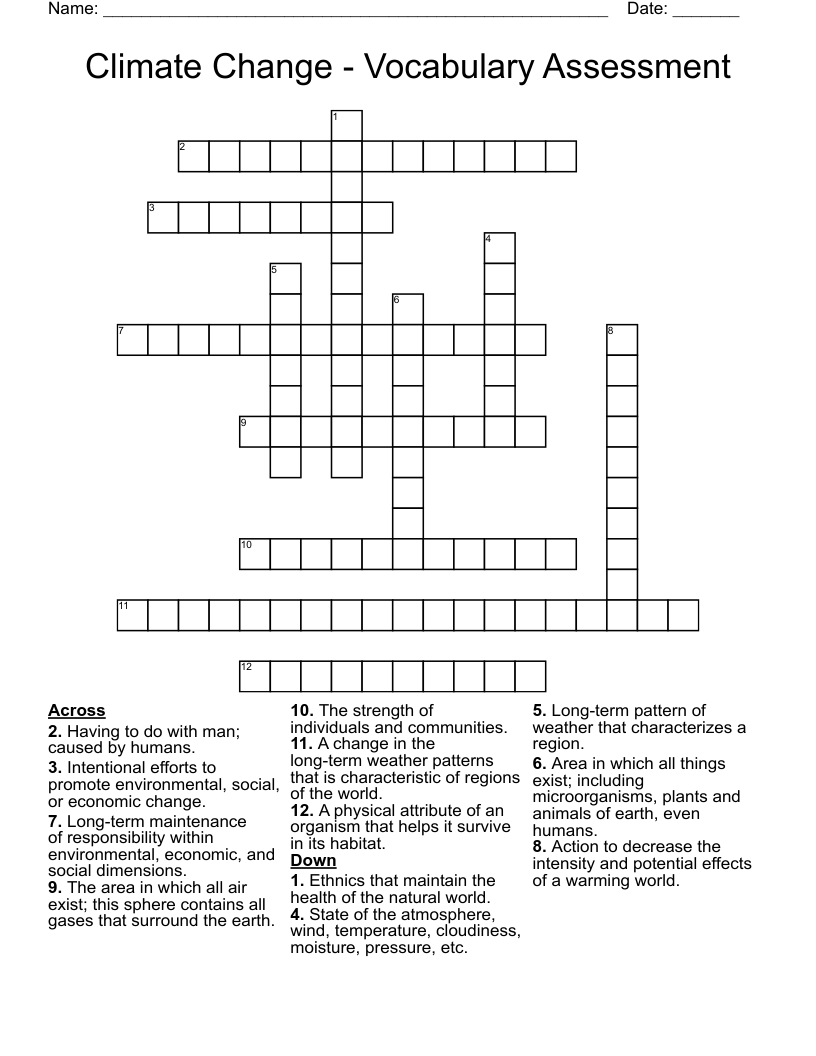 Climate Change - Vocabulary Assessment Crossword