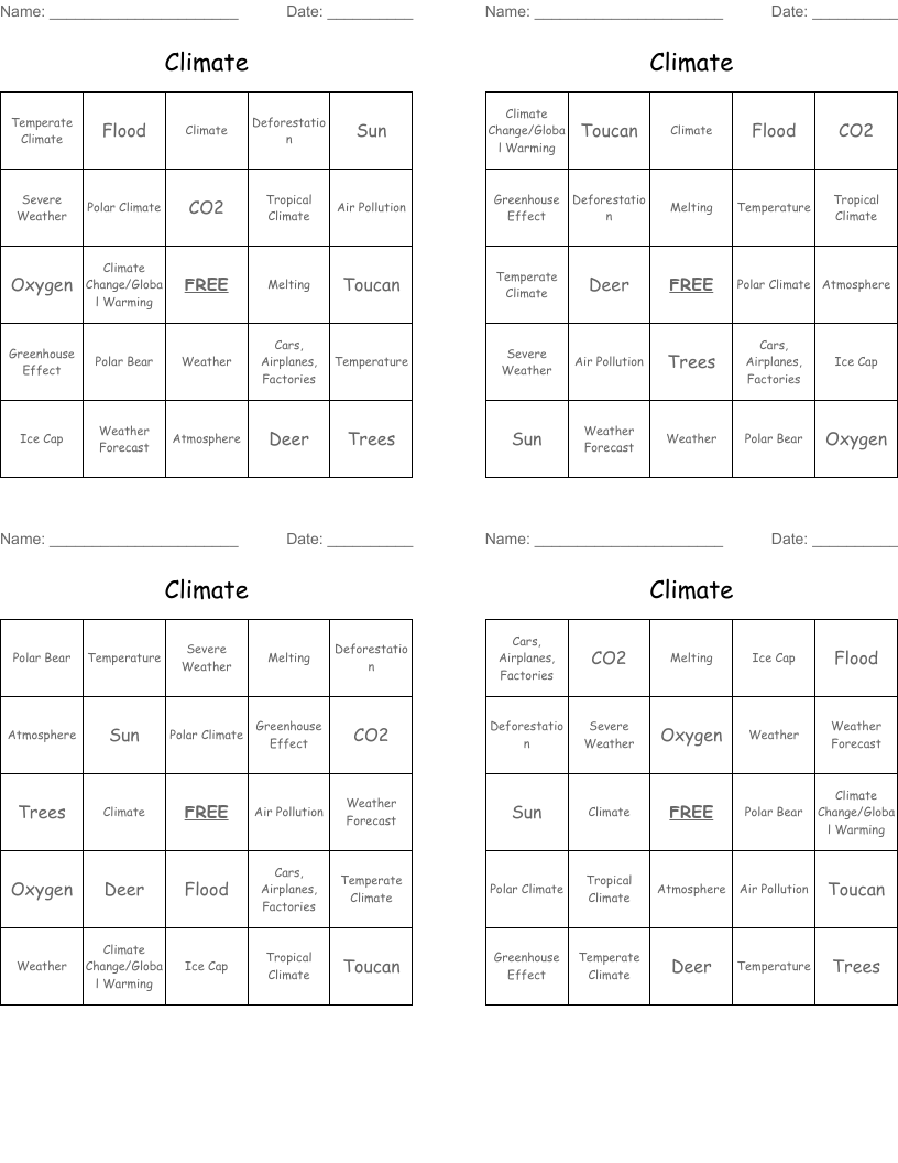 Climate  Bingo Cards