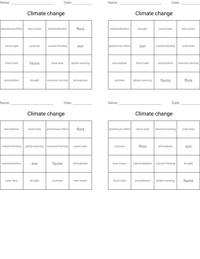 Climate change Bingo Cards