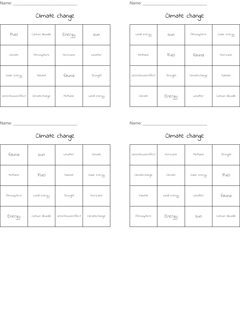 Climate change Bingo Cards