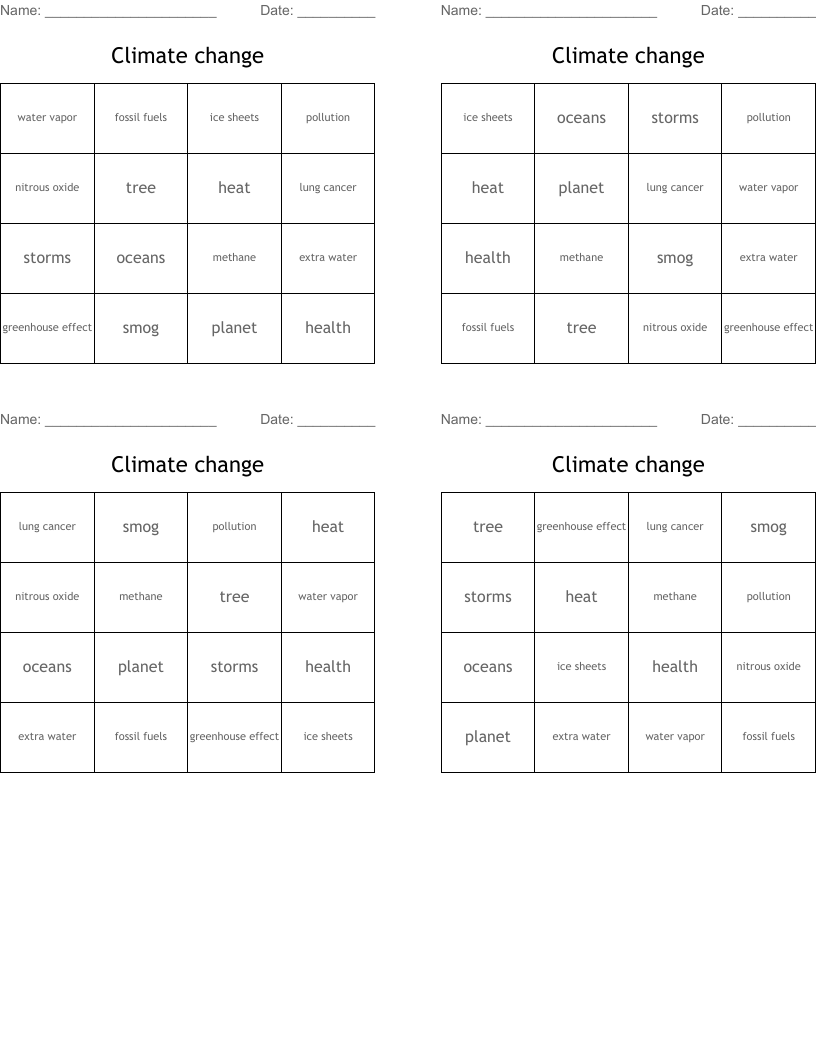 Climate change Bingo Cards