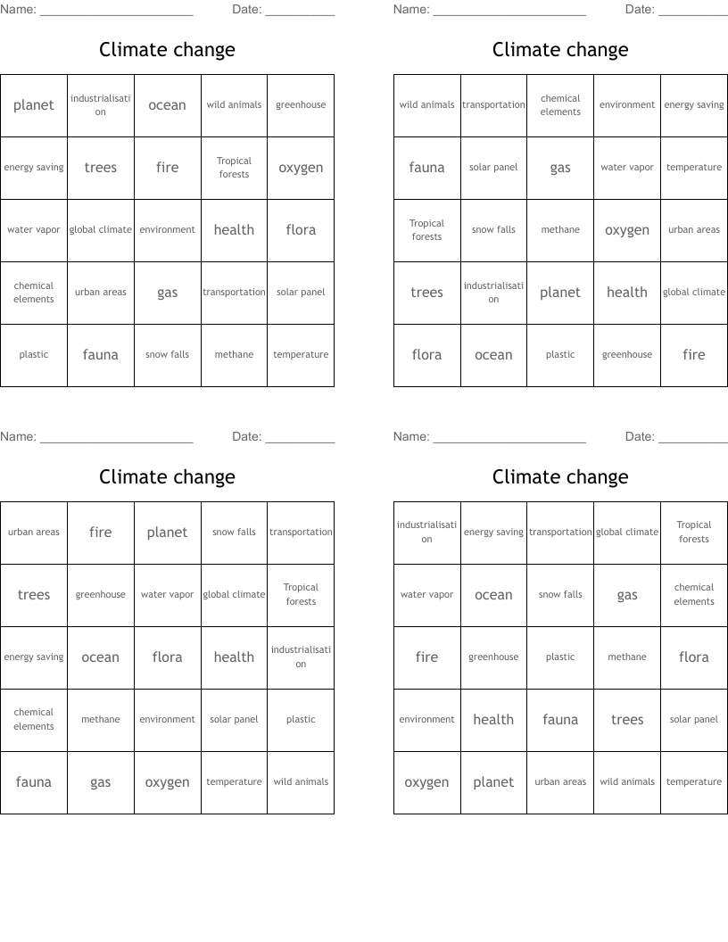 Climate change  Bingo Cards