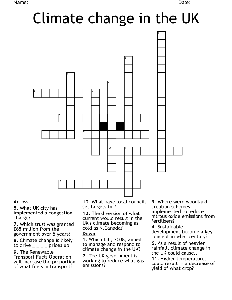 Climate change in the UK  Crossword