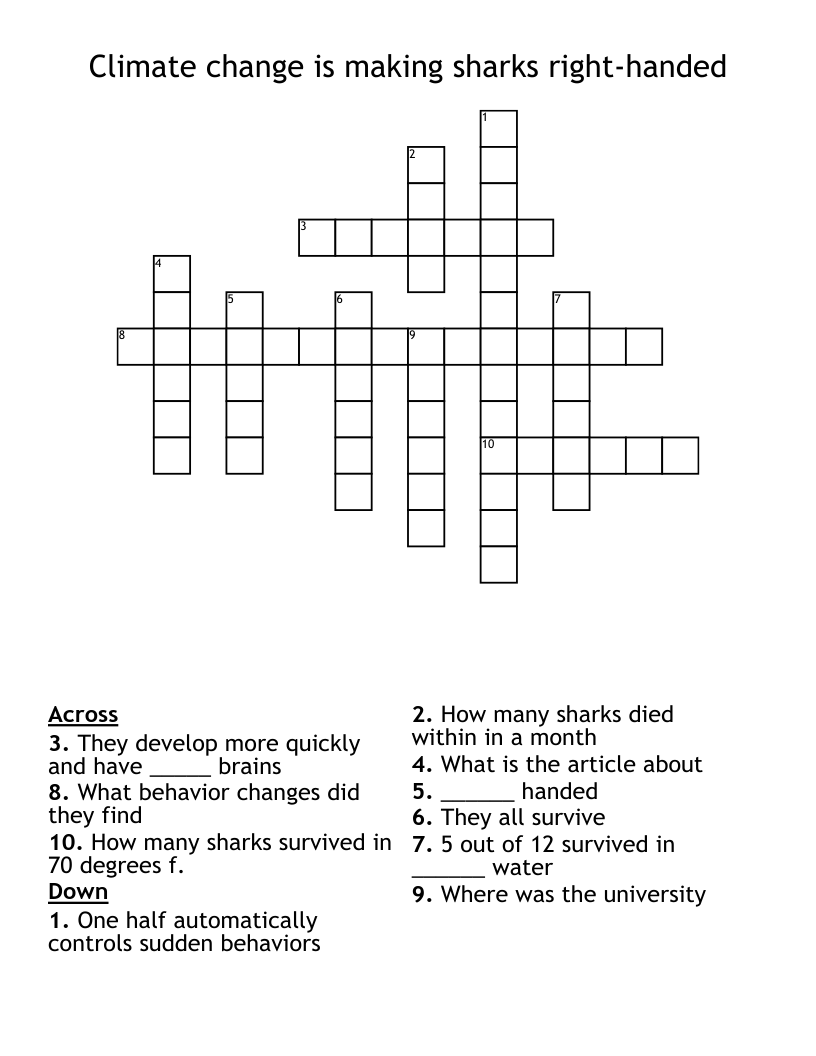 Climate change is making sharks right-handed  Crossword