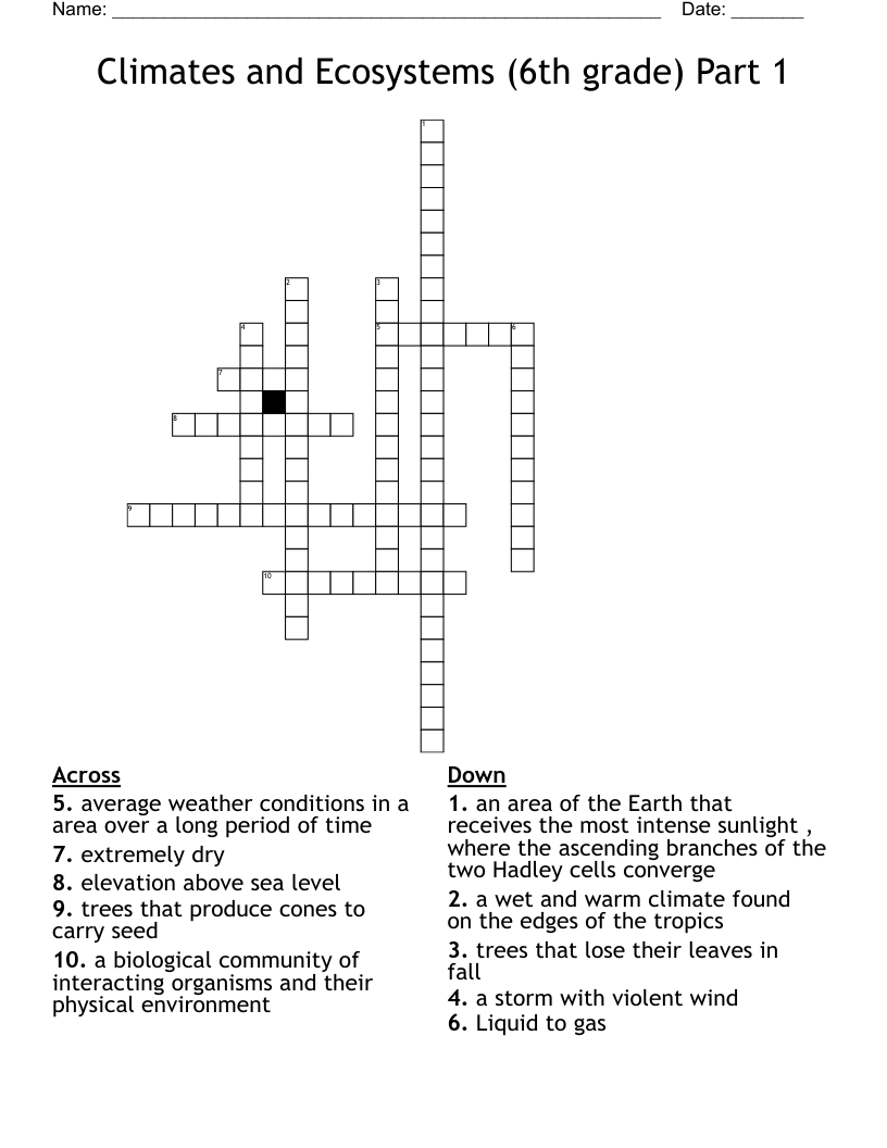 Climates and Ecosystems (6th grade)  Part 1 Crossword