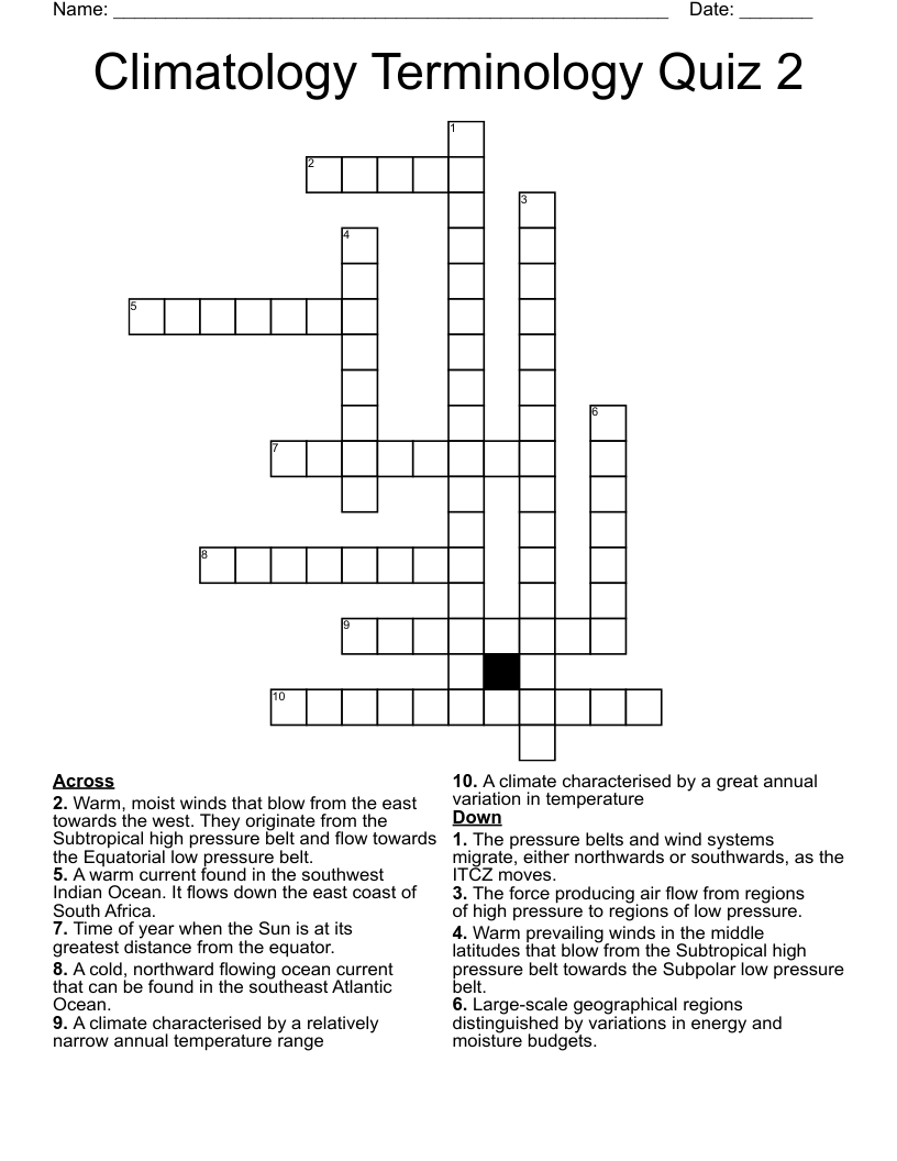Climatology Terminology Quiz 2 Crossword