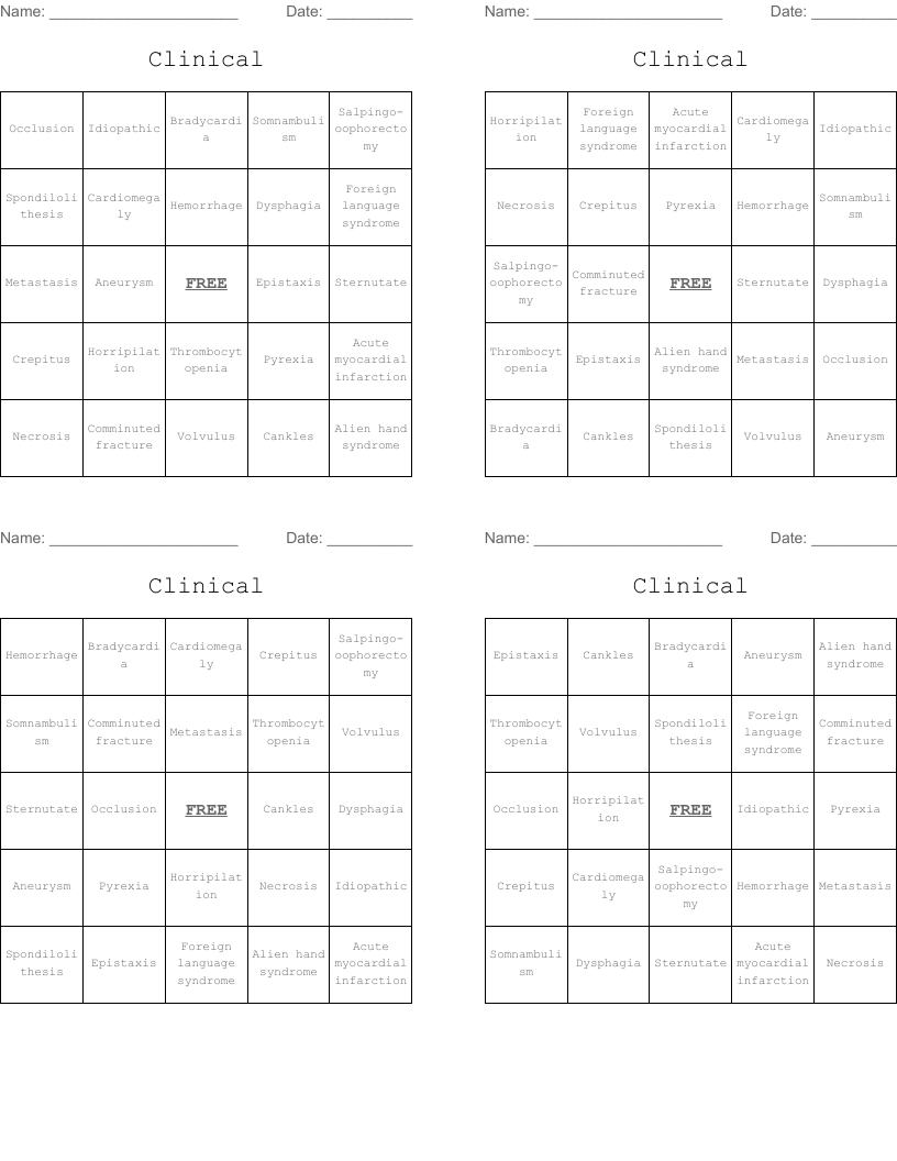 Clinical Bingo Cards