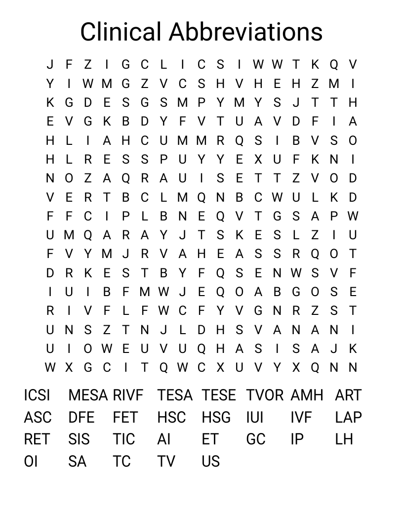 Clinical Abbreviations Word Search
