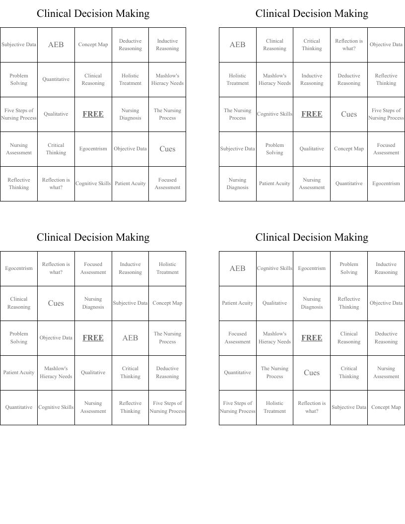 Clinical Decision Making  Bingo Cards