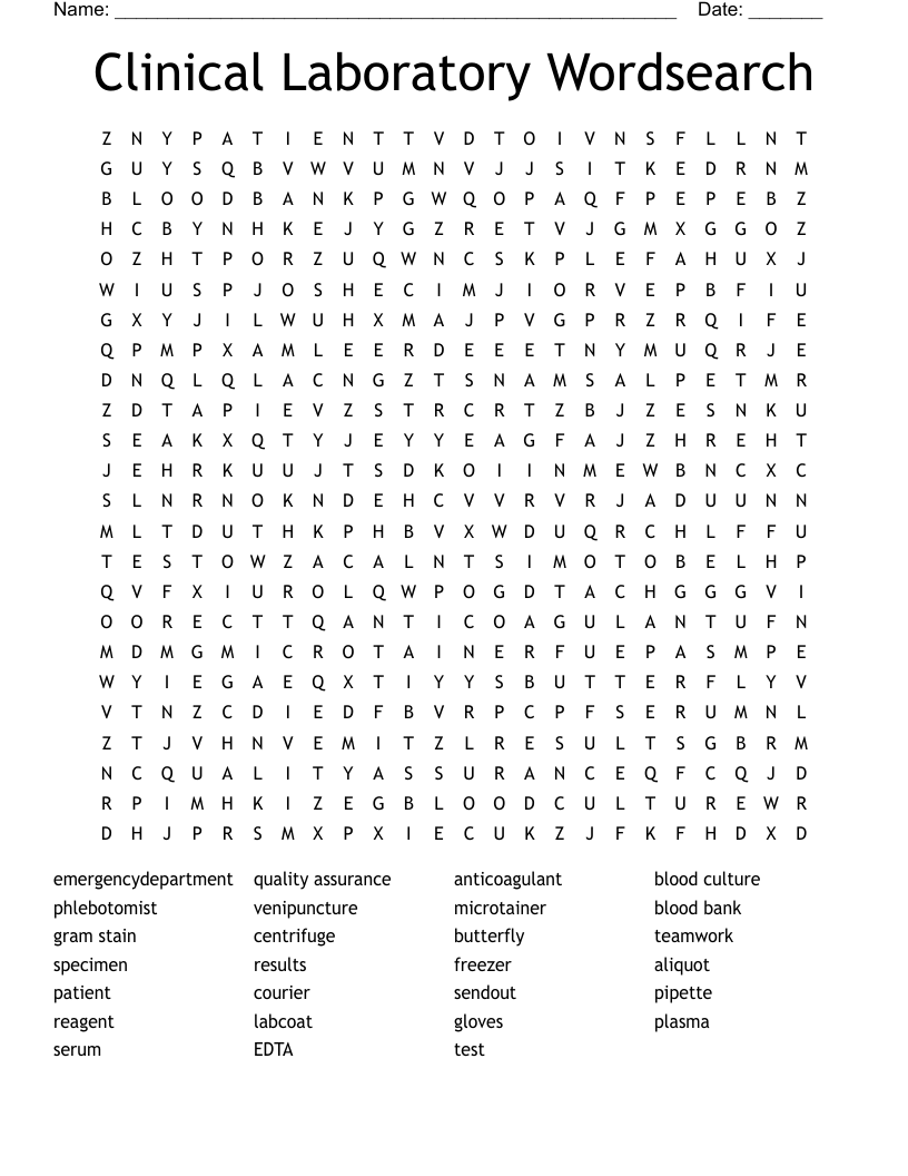 Clinical Laboratory Wordsearch