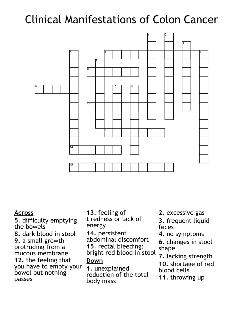 Clinical Manifestations of Colon Cancer Crossword