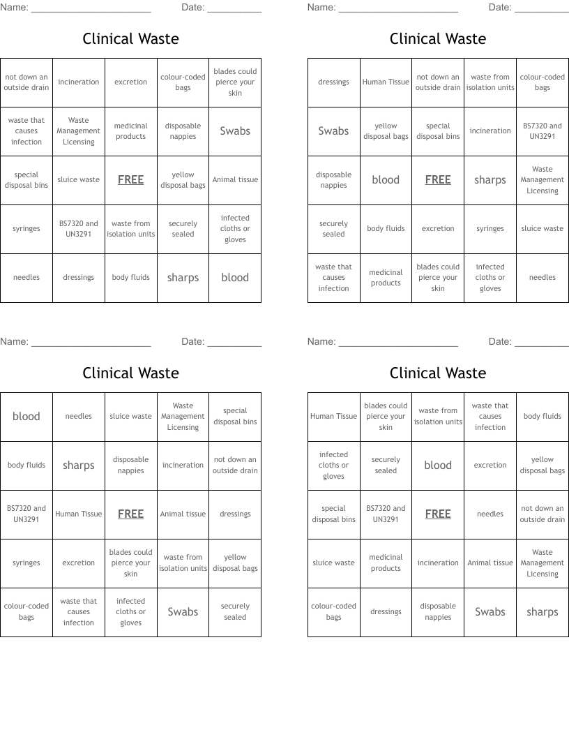 Clinical Waste Bingo Cards