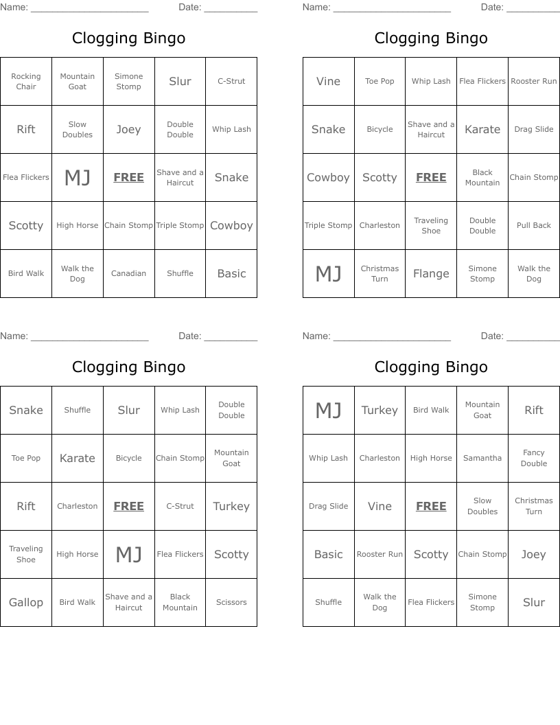 Clogging Bingo