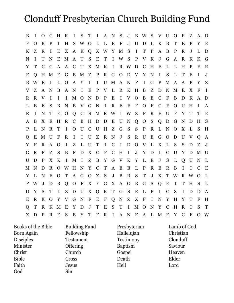 Clonduff Presbyterian Church Building Fund Word Search