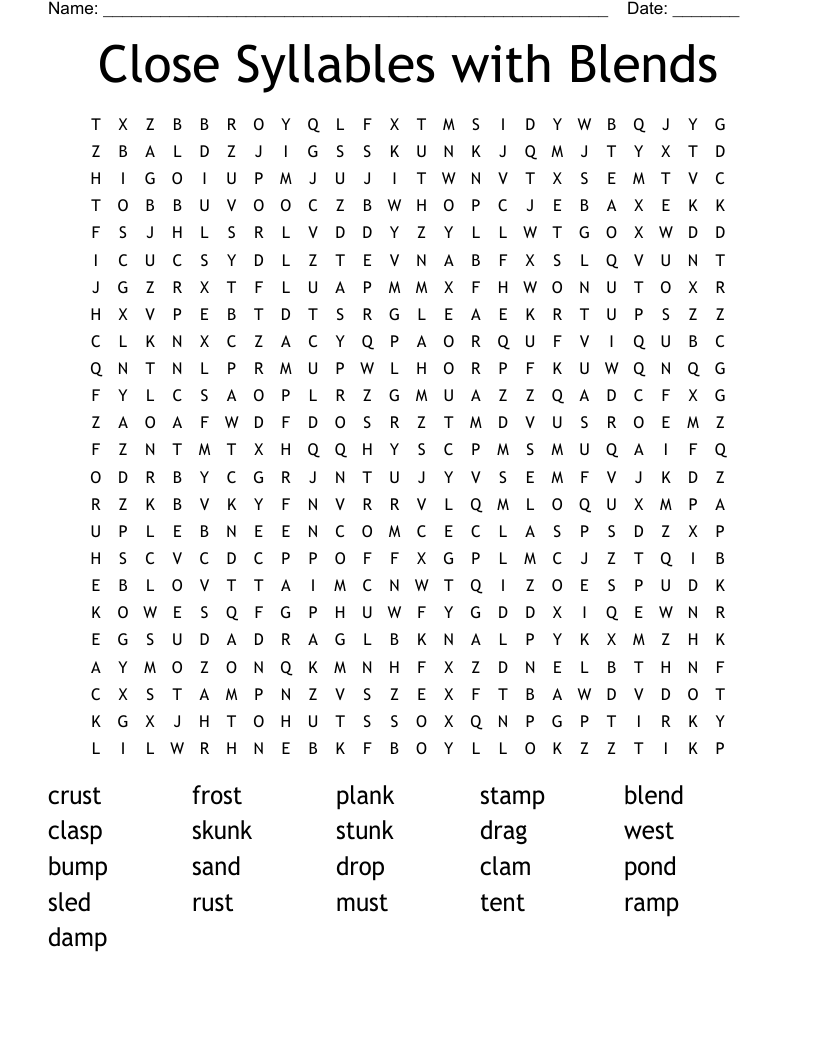 Close Syllables with Blends Word Search