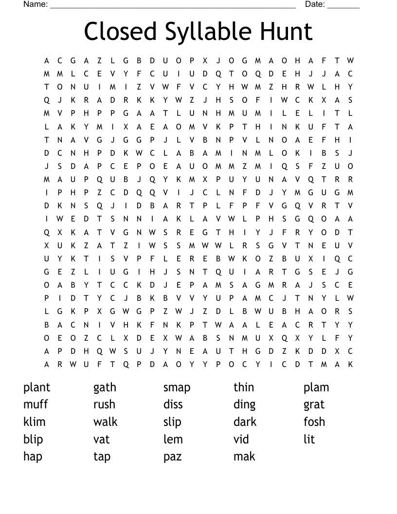 Closed Syllable Hunt Word Search