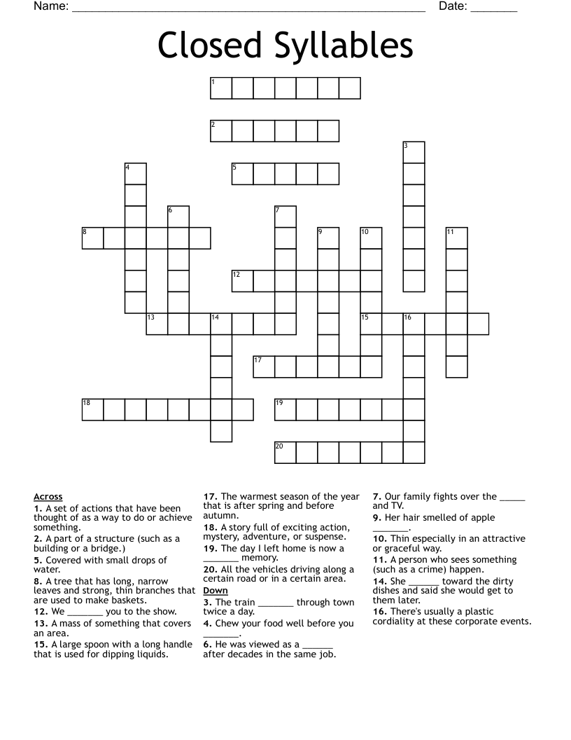 Closed Syllables Crossword