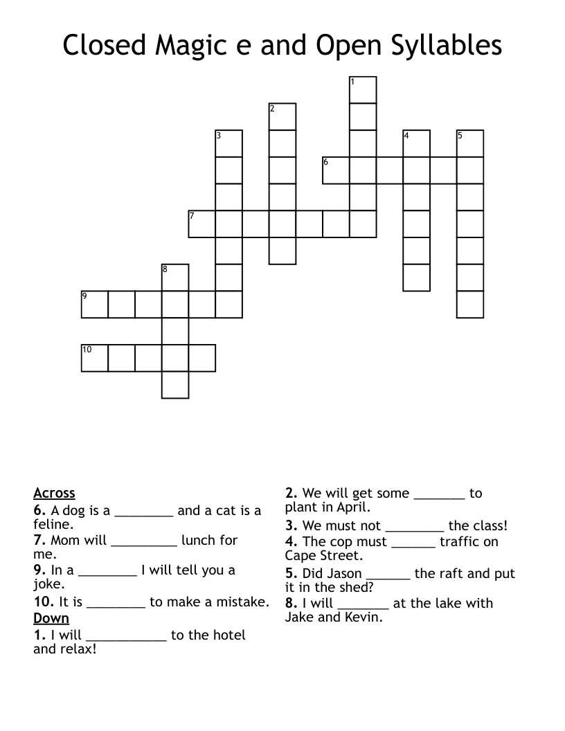 Closed  Magic e and Open Syllables Crossword