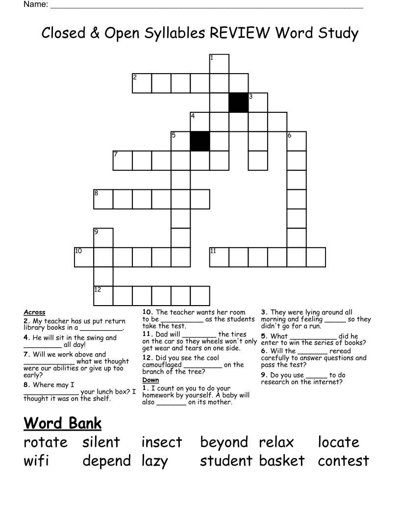 Closed & Open Syllables REVIEW Word Study Crossword