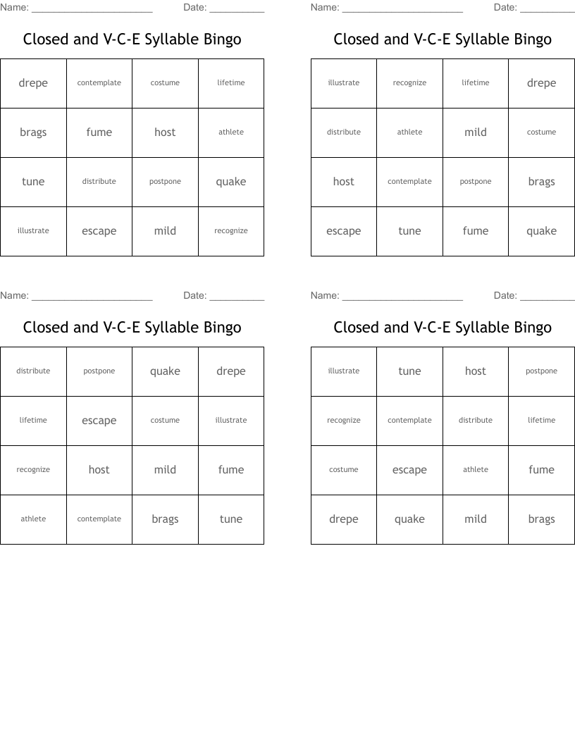 Closed and V-C-E Syllable Bingo