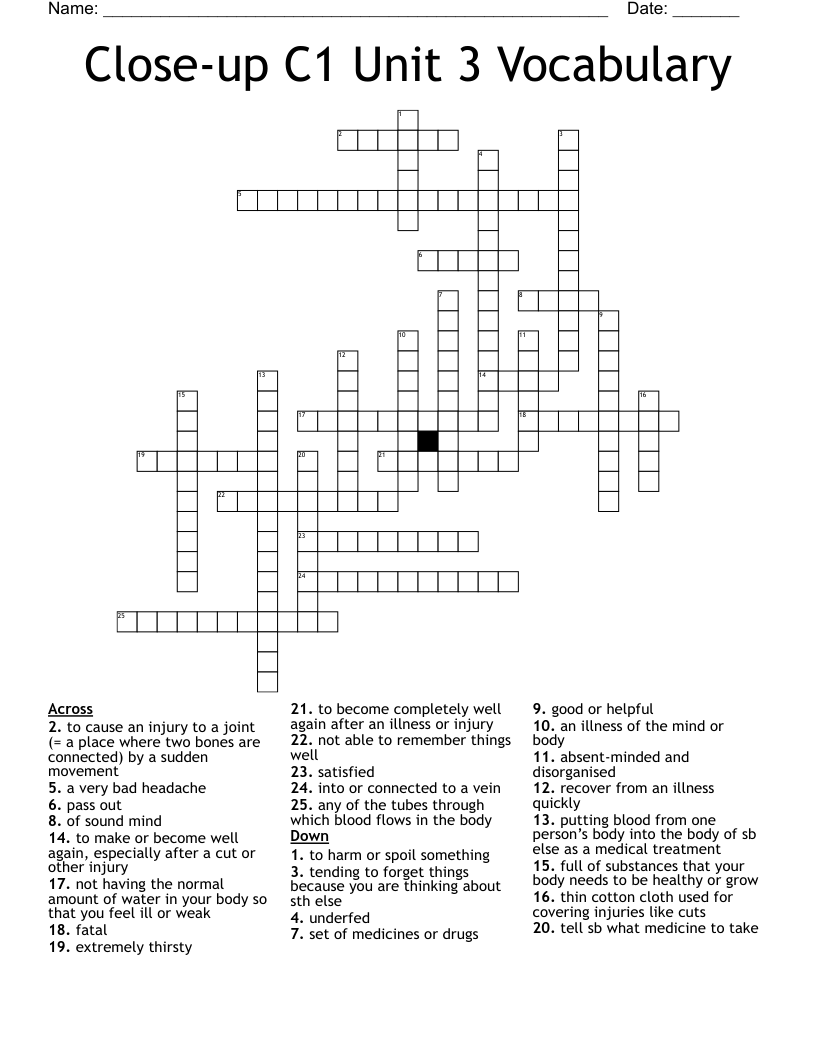 Close-up C1 Unit 3 Vocabulary Crossword