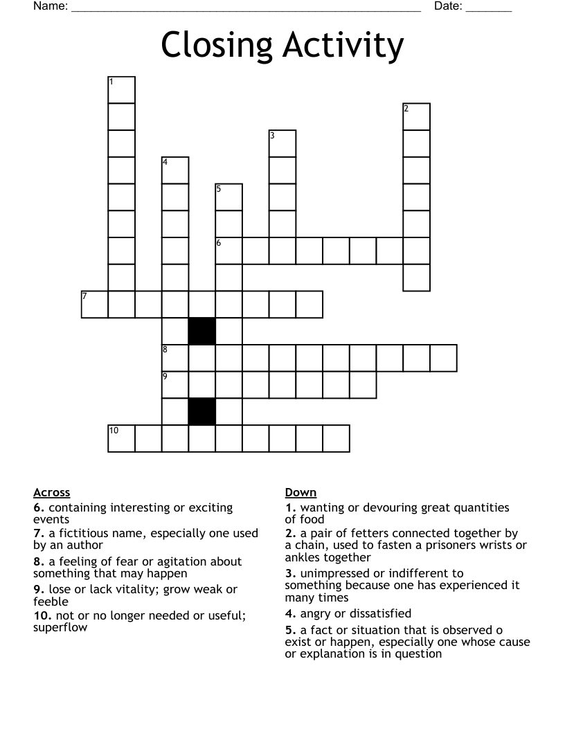Closing Activity Crossword