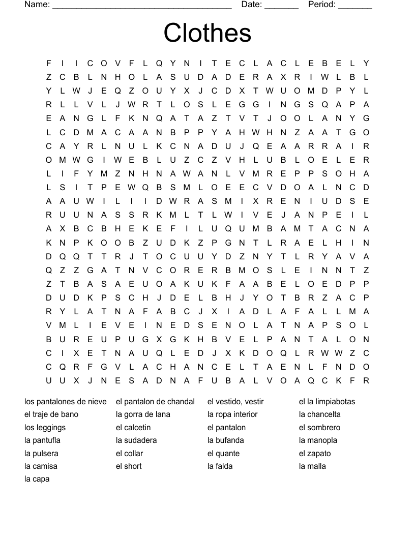 Clothes Word Search