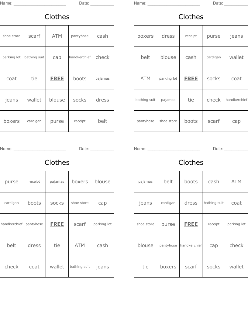 Clothes Bingo Cards