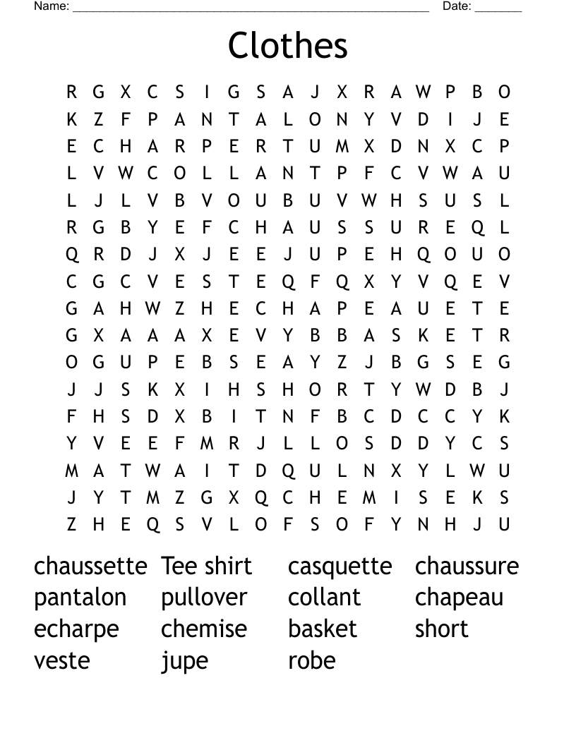 Clothes Word Search