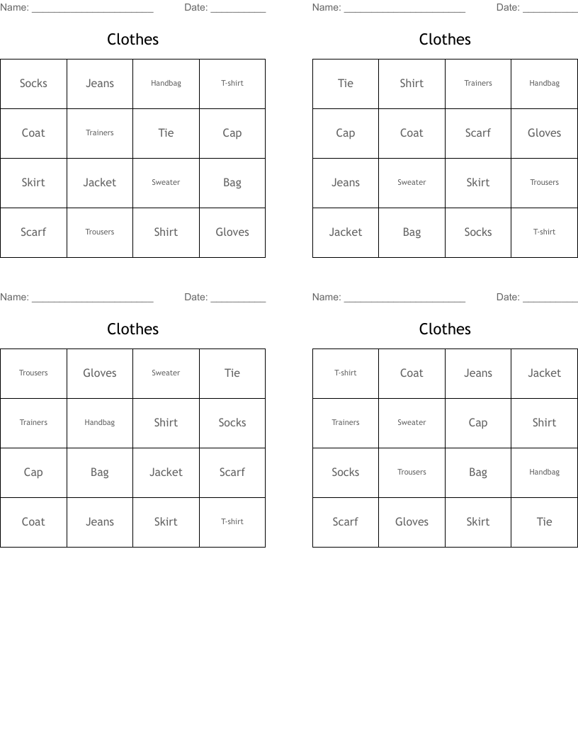 Clothes Bingo Cards