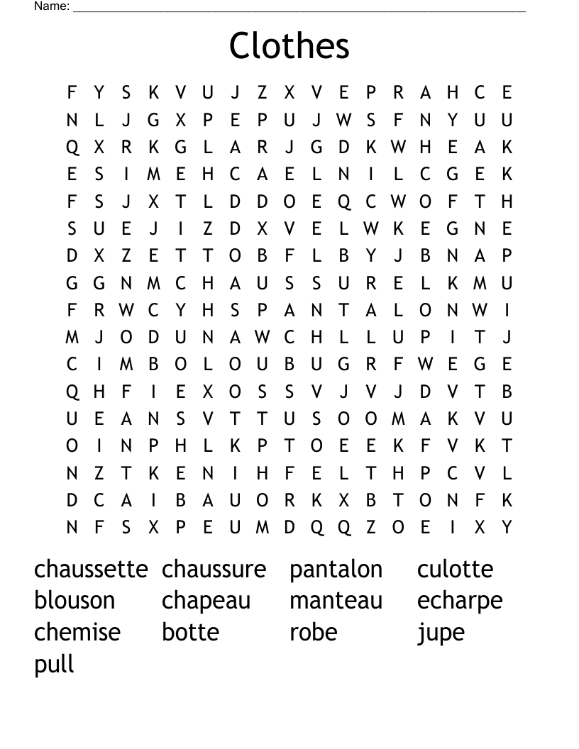 Clothes Word Search