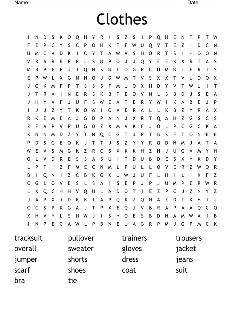 Clothes Word Search